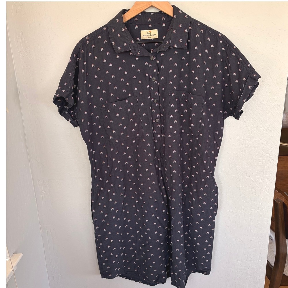 Marine Layer Shirt Dress Large Navy Blue 100% Cotton Chevron Print Roll Tab